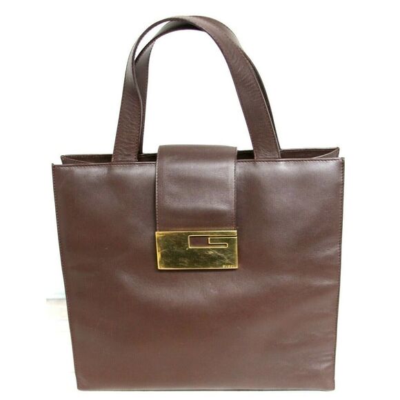 90th Y2K  Gucci BROWN GENUINE LEATHER SUEDE LINED LOGO HANDBAG PURSE SATCHEL - Picture 1 of 12